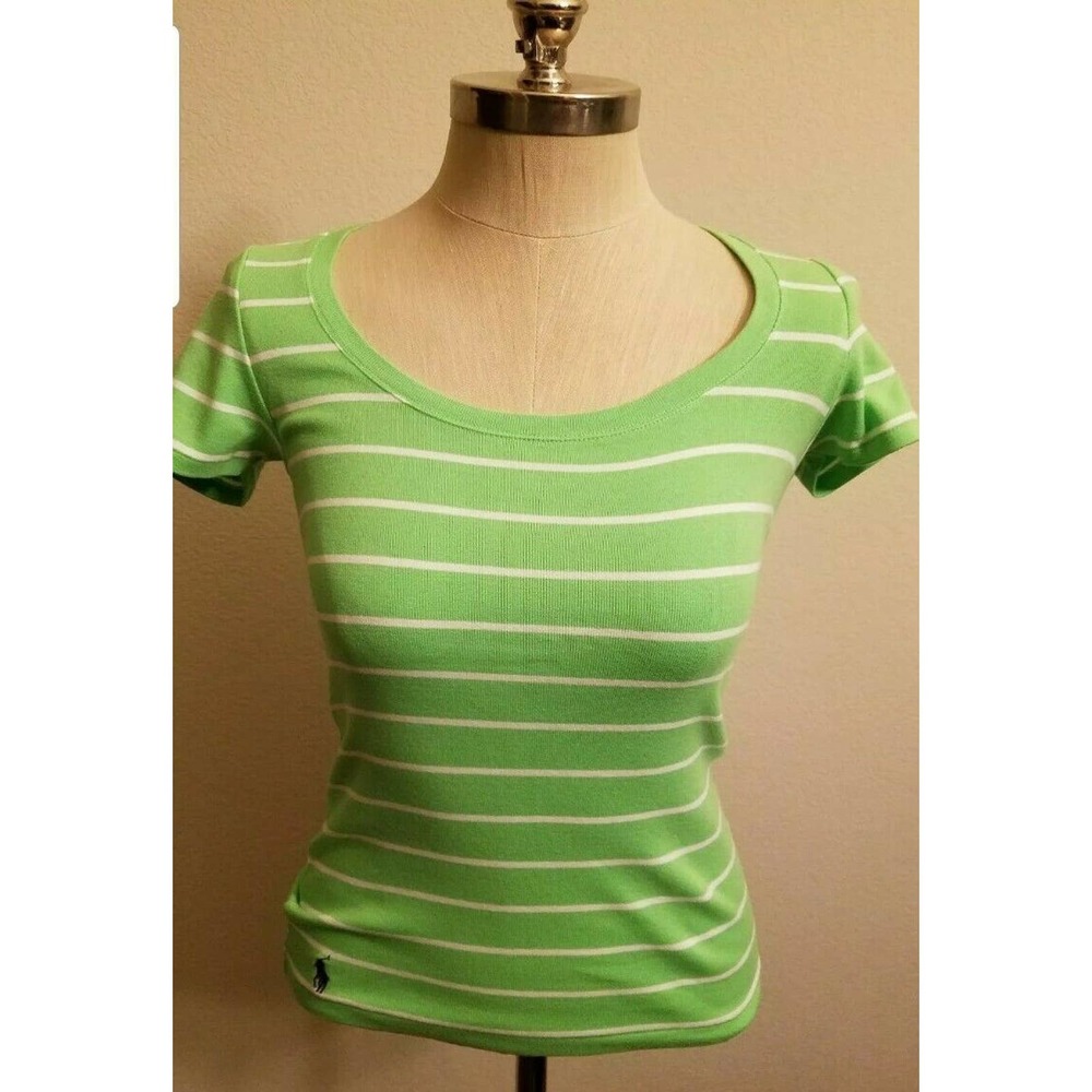Polo Ralph Lauren Women Pony Logo Ribbed Scoop Neck T Shirt Green/White Size S